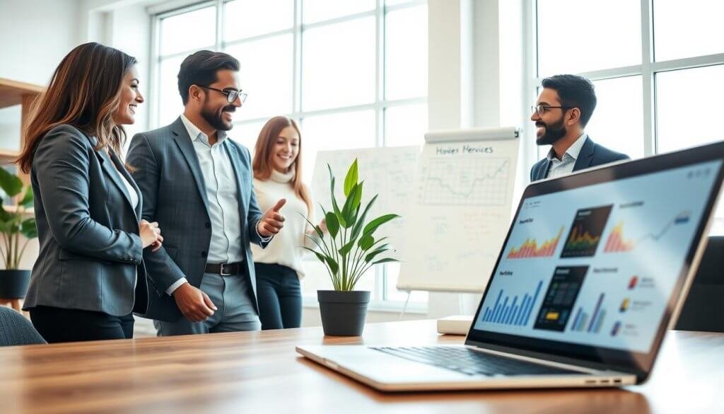 A modern workspace featuring a sleek laptop opened to a dashboard displaying colorful graphs and analytics related to lead generation. In the foreground, a diverse group of three professionals—one woman in business attire and two men in smart casual clothing—are engaged in an animated discussion. The middle ground showcases a whiteboard filled with ideas and strategies, while a potted plant adds a touch of greenery. The background reveals a bright, well-lit office with large windows allowing natural light to pour in, highlighting the fresh and innovative atmosphere. The mood is energetic and inspiring, emphasizing collaboration and technology in home services. Soft shadows add depth, and the angle captures the dynamics of the team effectively, ensuring a focus on their interaction and the tools they are using.