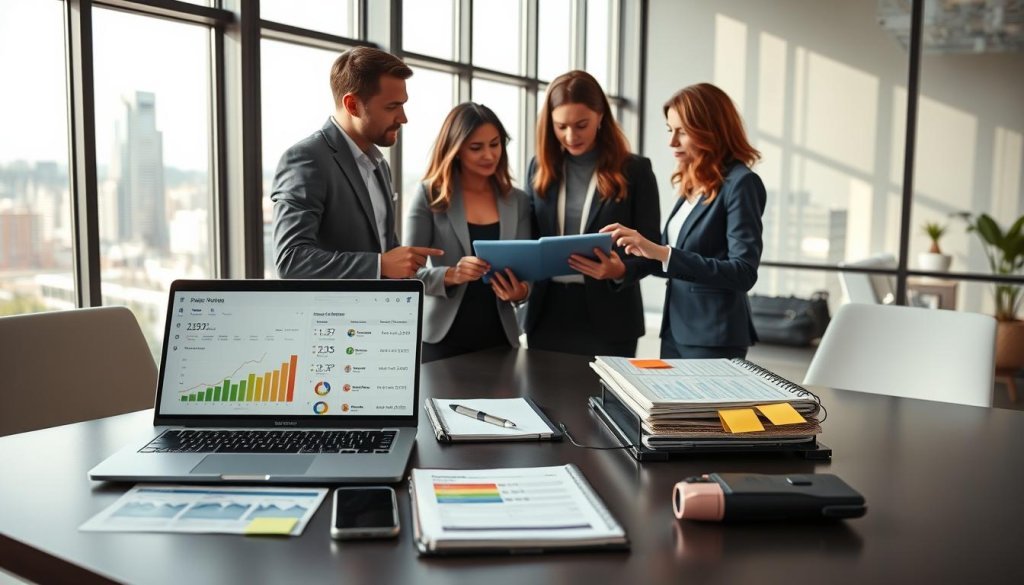 A modern workspace scene focused on white label tools for managing global sales pipelines. In the foreground, a sleek table displays various professional tools, like a laptop open to a sales dashboard, a mobile device showing analytics, and a planner with colorful sticky notes. The middle layer shows a diverse group of three business professionals in professional attire, engaged in a collaborative discussion, pointing at a digital tablet. The background features a large window with a view of a city skyline, allowing natural light to flood the room, casting soft shadows. The mood is one of focus and productivity, with an atmosphere of collaboration and innovation. Use a wide-angle lens to capture the full scene, emphasizing the importance of these essential tools in global sales management. A modern workspace scene focused on white label tools for managing global sales pipelines. In the foreground, a sleek table displays various professional tools, like a laptop open to a sales dashboard, a mobile device showing analytics, and a planner with colorful sticky notes. The middle layer shows a diverse group of three business professionals in professional attire, engaged in a collaborative discussion, pointing at a digital tablet. The background features a large window with a view of a city skyline, allowing natural light to flood the room, casting soft shadows. The mood is one of focus and productivity, with an atmosphere of collaboration and innovation. Use a wide-angle lens to capture the full scene, emphasizing the importance of these essential tools in global sales management.