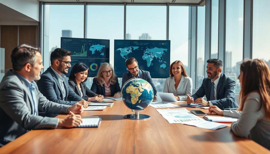 A professional business environment showcasing strategic targeting of international buyers. In the foreground, a diverse group of business professionals, including men and women of various ethnicities, engaged in a lively discussion around a large conference table. They are dressed in professional business attire, with charts and graphs displayed on digital screens behind them. In the middle ground, a globe and market analysis reports are visible, emphasizing global trade. The background features a large window with a cityscape view, adorned with natural daylight illuminating the room, creating a bright and optimistic atmosphere. The focus is on collaboration and innovation, capturing the dynamic essence of strategic lead generation in export houses.