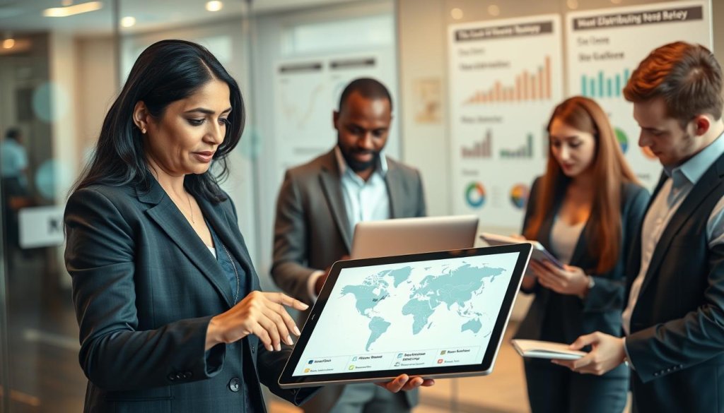 A professional business environment showing a diverse group of individuals engaged in a strategic discussion about lead generation. In the foreground, a middle-aged South Asian woman in formal attire points at a digital tablet, showcasing a map with global distributor locations. Beside her, a young Black man and a Hispanic woman analyze data on laptops, while a Caucasian man takes notes on a notepad. The background features glass walls displaying charts and graphs related to outbound growth strategies. Soft, warm lighting creates an inviting atmosphere, while a slight focus blur on the background emphasizes the teamwork and collaboration in lead generation efforts. The scene captures the essence of partnership and innovation in business.