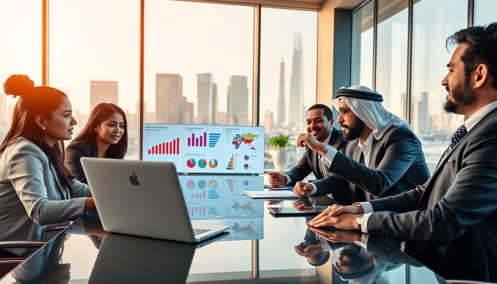 A professional business meeting scene depicting a group of diverse individuals, including a South Asian woman and a Middle-Eastern man, dressed in business attire. They are seated around a sleek conference table, reviewing vibrant visuals on export strategies for food products. The foreground focuses on a laptop displaying charts and graphs, while the middle features engaged team members discussing outreach messaging strategies, with one person pointing to a colorful infographic. The background includes a large window revealing a bustling city skyline, bathed in warm natural light, creating an optimistic atmosphere. The image conveys collaboration, focus, and innovation, framed in a dynamic perspective to emphasize the discussion's importance in global business. A professional business meeting scene depicting a group of diverse individuals, including a South Asian woman and a Middle-Eastern man, dressed in business attire. They are seated around a sleek conference table, reviewing vibrant visuals on export strategies for food products. The foreground focuses on a laptop displaying charts and graphs, while the middle features engaged team members discussing outreach messaging strategies, with one person pointing to a colorful infographic. The background includes a large window revealing a bustling city skyline, bathed in warm natural light, creating an optimistic atmosphere. The image conveys collaboration, focus, and innovation, framed in a dynamic perspective to emphasize the discussion's importance in global business.