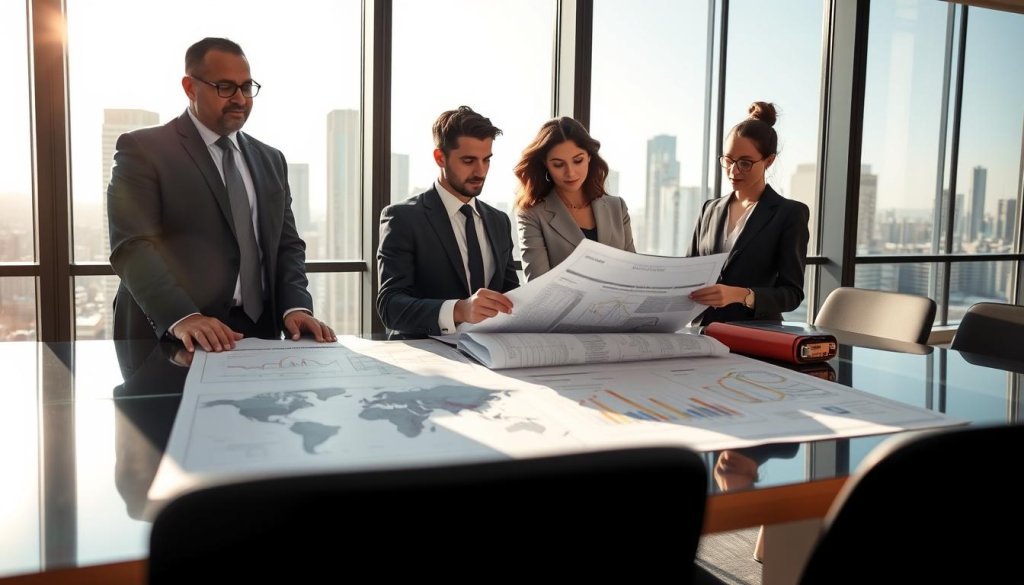 A professional business meeting scene in a bright office, foreground featuring a diverse group of four businesspeople in smart attire, engaged in discussion while examining documents about auto components and trade tariffs. Middle ground shows a large conference table with blueprints and graphs illustrating international trade routes and tariff impacts. Background includes a large window with a city skyline, sunlight streaming in to create an optimistic atmosphere. Soft focus on the window reflects growth and opportunity. The composition should convey a sense of collaboration and strategic decision-making, with clear attention to the subject of auto components in the context of international trade challenges. Ensure the lighting is bright and inviting, highlighting expressions of determination and focus.