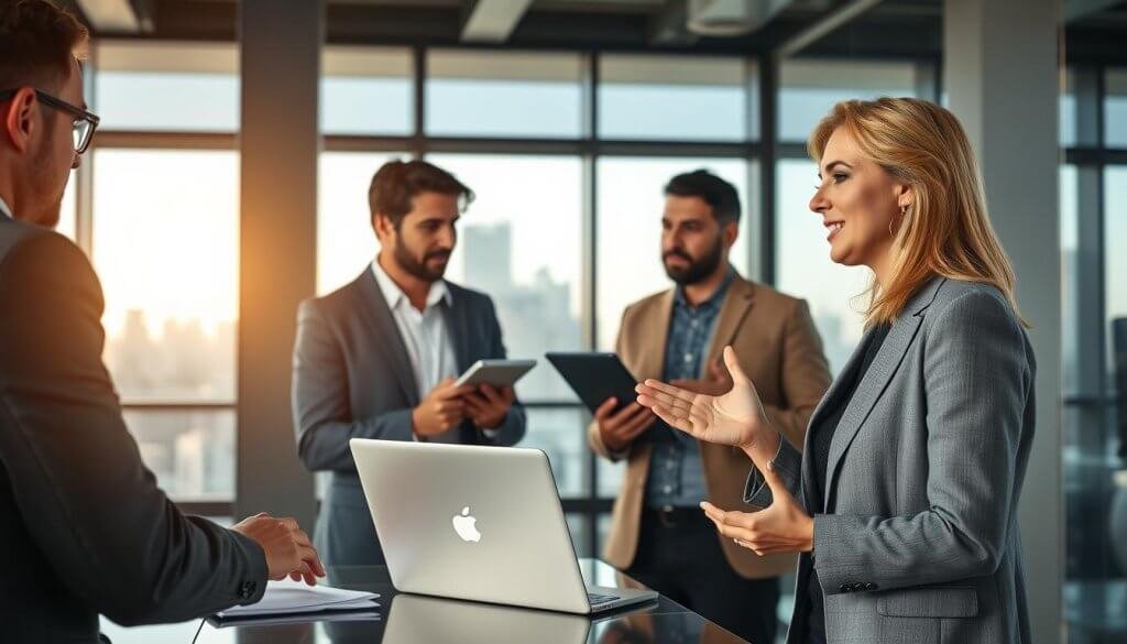 A professional business meeting scene showcasing a group of diverse individuals engaged in a dynamic conversation. In the foreground, a confident woman in business attire is enthusiastically sharing insights, using a laptop and a digital presentation to illustrate key points. The middle ground features two men in smart casual clothing discussing strategies, while one takes notes on a tablet. Bright, modern office lighting illuminates the space, creating a collaborative and innovative atmosphere. In the background, a large window reveals a city skyline, symbolizing opportunity and growth. The image conveys a sense of engagement, teamwork, and forward-thinking, ideal for illustrating the concept of "buyer wedges" in commercial conversations. A professional business meeting scene showcasing a group of diverse individuals engaged in a dynamic conversation. In the foreground, a confident woman in business attire is enthusiastically sharing insights, using a laptop and a digital presentation to illustrate key points. The middle ground features two men in smart casual clothing discussing strategies, while one takes notes on a tablet. Bright, modern office lighting illuminates the space, creating a collaborative and innovative atmosphere. In the background, a large window reveals a city skyline, symbolizing opportunity and growth. The image conveys a sense of engagement, teamwork, and forward-thinking, ideal for illustrating the concept of "buyer wedges" in commercial conversations.