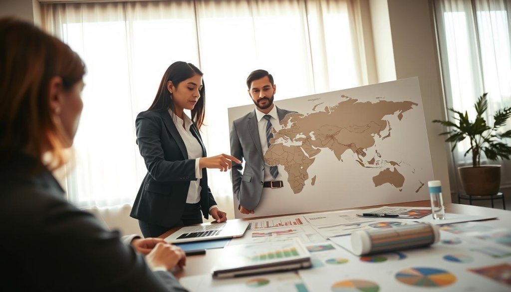 A professional business setting showcasing a diverse team of businesspeople engaged in a collaborative discussion around a large world map. In the foreground, a South Asian woman in professional business attire points to potential markets on the map, while a Middle-Eastern man in a suit takes notes. The middle ground features a table cluttered with charts, graphs, and export documents, emphasizing the theme of assessing market potential. In the background, a large window lets in soft, natural light, illuminating the room with a warm, optimistic atmosphere. The focus is sharp on the group, with a slight bokeh effect on the background to create depth, captured from a low angle to emphasize the interaction and engagement in the scene.