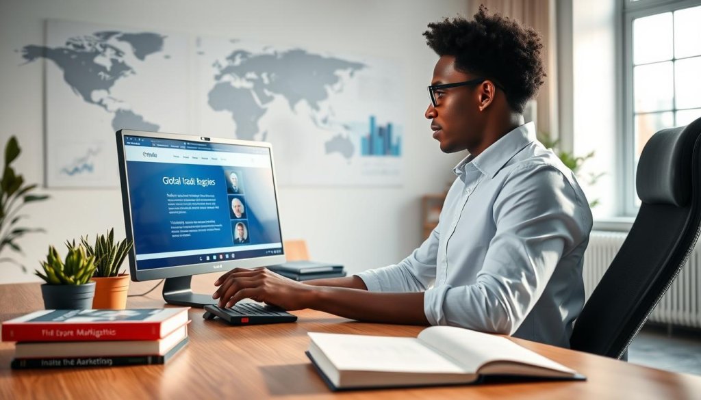 A professional, diverse individual sitting at a sleek, modern desk engaged in digital self-education. They are focused on a large computer screen displaying an online course on global trade strategies. Surrounding them are books on marketing and export logistics, alongside a potted plant for a touch of nature. The room is well-lit with soft, natural light streaming through large windows and a contemporary feel, featuring minimalist decor and ergonomic furnishings. In the background, a world map and digital charts emphasize the theme of global outreach. The atmosphere conveys a sense of ambition and progress, showcasing the transition to a digital-first approach to growth in business.