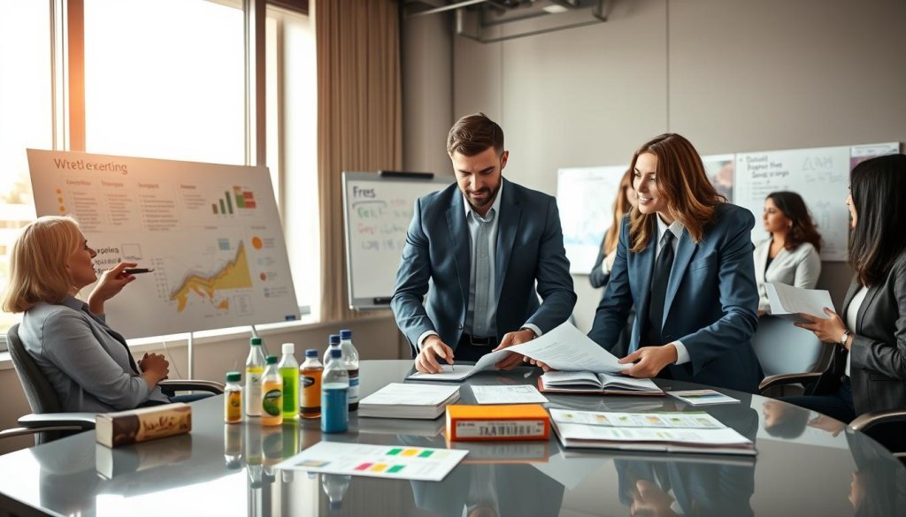 A professional meeting room with a diverse group of business professionals engaged in an animated discussion. In the foreground, a man and a woman in business attire are analyzing product labels and export documents on a sleek conference table, their expressions reflecting concentration and determination. In the middle ground, a whiteboard filled with colorful graphs and strategic messaging ideas can be seen. The background shows large windows letting in natural light, illuminating the room with a warm, inviting atmosphere. The scene captures a dynamic atmosphere of collaboration and testing ideas, with a focus on refining messaging for global market appeal, shot from a slightly elevated angle to encapsulate the whole discussion dynamic. A professional meeting room with a diverse group of business professionals engaged in an animated discussion. In the foreground, a man and a woman in business attire are analyzing product labels and export documents on a sleek conference table, their expressions reflecting concentration and determination. In the middle ground, a whiteboard filled with colorful graphs and strategic messaging ideas can be seen. The background shows large windows letting in natural light, illuminating the room with a warm, inviting atmosphere. The scene captures a dynamic atmosphere of collaboration and testing ideas, with a focus on refining messaging for global market appeal, shot from a slightly elevated angle to encapsulate the whole discussion dynamic.