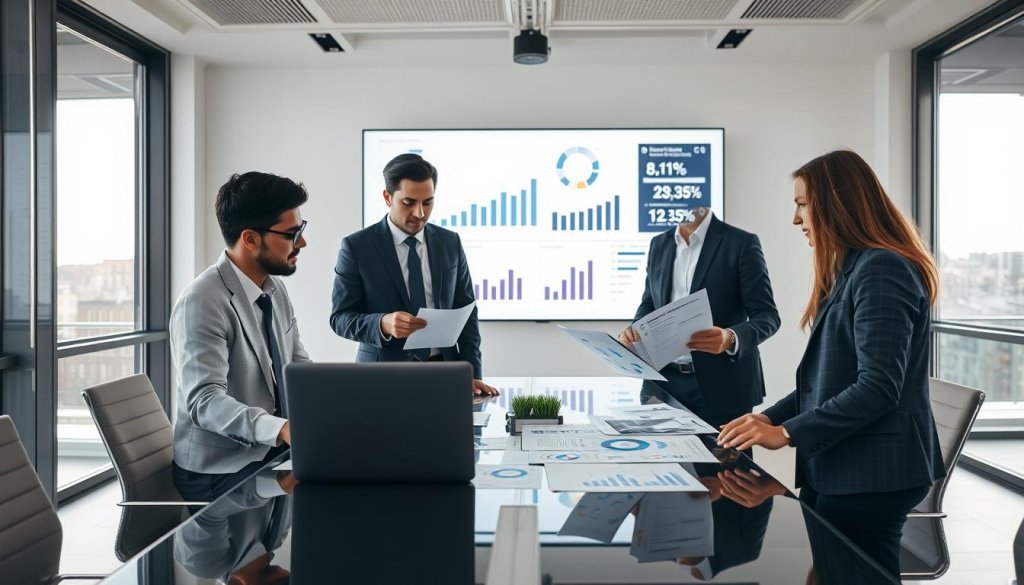 A professional office environment reflecting data quality compliance in the textile distribution sector. In the foreground, a diverse group of three business professionals in smart attire (two men and a woman) are engaged in discussion while analyzing digital reports on a laptop and documents, emphasizing teamwork and governance. In the middle, a sleek conference table covered with charts and data visuals, illustrating metrics for operational governance. The background features a large screen displaying graphs and compliance statistics, bathed in soft, natural lighting filtering through large windows. The mood is collaborative and focused, capturing the essence of strategic decision-making in a modern business context.