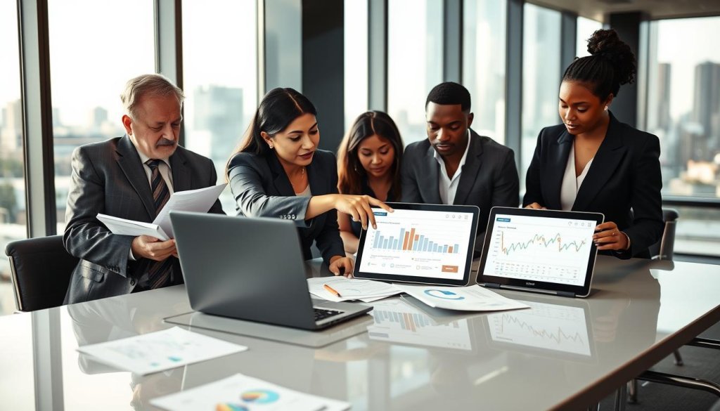 A professional office setting with a diverse group of individuals gathered around a sleek conference table, examining documents and digital devices that display graphs and data about international trade. In the foreground, a South Asian woman in smart business attire is pointing at a laptop screen, engaged in discussion with her colleagues. To the left, a middle-aged white man in a suit is reviewing a stack of papers, while a young Black woman, also in business attire, takes notes. The background features a large window with city views, casting soft natural light across the room. The atmosphere is focused and collaborative, conveying a sense of diligence and professionalism in verifying international buyers and mitigating trade risks.