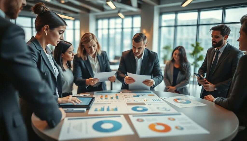 A professional scene depicting a diverse group of business people engaged in a collaborative discussion about identifying their ideal customer profile for manufacturing. In the foreground, a woman in a smart blazer and a man in a tailored suit analyze charts and graphs displayed on a digital tablet. In the middle, a large round table with documents and diagrams illustrating buyer personas and market segmentation. In the background, a modern office space with large windows letting in natural light, creating a bright and inviting atmosphere. Utilize a shallow depth of field to focus on the group while softly blurring the office elements behind them. The mood is ambitious and professional, emphasizing teamwork and strategic planning. A professional scene depicting a diverse group of business people engaged in a collaborative discussion about identifying their ideal customer profile for manufacturing. In the foreground, a woman in a smart blazer and a man in a tailored suit analyze charts and graphs displayed on a digital tablet. In the middle, a large round table with documents and diagrams illustrating buyer personas and market segmentation. In the background, a modern office space with large windows letting in natural light, creating a bright and inviting atmosphere. Utilize a shallow depth of field to focus on the group while softly blurring the office elements behind them. The mood is ambitious and professional, emphasizing teamwork and strategic planning.