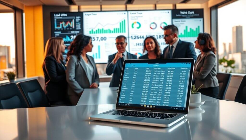 A professional workspace featuring a sleek desk with a laptop open to a generic lead list interface on the screen, showcasing columns of names, emails, and phone numbers. In the foreground, a diverse team of business professionals in smart attire is engaged in discussion, with one person pointing at the laptop screen, expressing concern. The middle ground shows charts and graphs displayed on a large monitor, filled with analytics connected to lead generation effectiveness. The background reveals a modern office with large windows overlooking a city skyline, bathed in warm, natural light. The atmosphere is focused and collaborative, emphasizing the importance of effective lead generation strategies in a competitive market. The angle captures both the interaction around the desk and the bustling environment of the office.