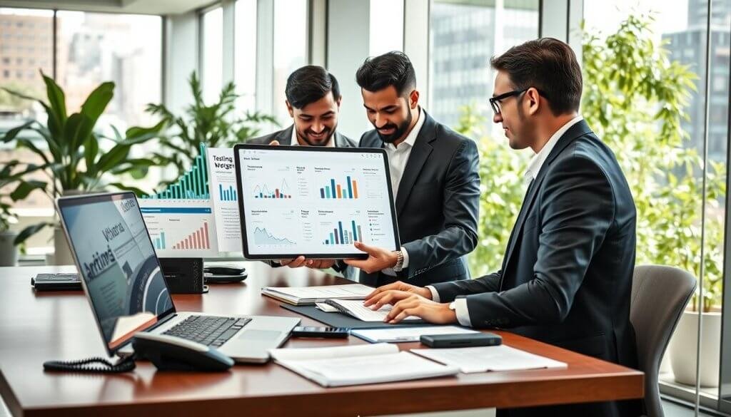 A professional workspace showcasing a "testing outreach wedge" concept. In the foreground, a sleek, modern desk with a laptop displaying data analytics, graphs, and outreach tools, surrounded by neatly organized documents and a high-tech phone. In the middle, a diverse group of business professionals in smart attire—two men and one woman—collaborate on strategy while examining a large digital tablet showing campaign metrics. The background features a well-lit office with glass walls, showcasing vibrant greenery and a cityscape view through the windows. Soft, natural lighting creates a bright, optimistic atmosphere, emphasizing innovation and teamwork. The camera angle is slightly angled down to capture the engaged expressions of the team, fostering a sense of focus and determination. A professional workspace showcasing a "testing outreach wedge" concept. In the foreground, a sleek, modern desk with a laptop displaying data analytics, graphs, and outreach tools, surrounded by neatly organized documents and a high-tech phone. In the middle, a diverse group of business professionals in smart attire—two men and one woman—collaborate on strategy while examining a large digital tablet showing campaign metrics. The background features a well-lit office with glass walls, showcasing vibrant greenery and a cityscape view through the windows. Soft, natural lighting creates a bright, optimistic atmosphere, emphasizing innovation and teamwork. The camera angle is slightly angled down to capture the engaged expressions of the team, fostering a sense of focus and determination.
