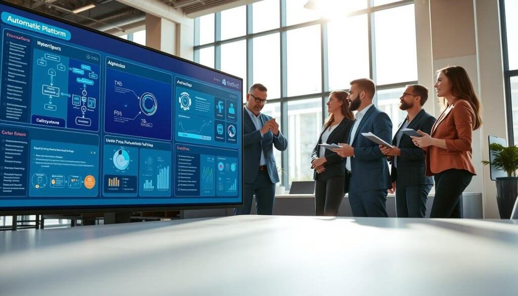 A sleek, modern automation platform interface displayed on a large, immersive screen at the foreground, showing various high-impact features such as workflow diagrams, analytics dashboards, and AI-driven process automation tools. In the middle, diverse professionals in stylish business attire engage in discussion, some pointing at the screen, others taking notes, reflecting collaboration and innovation. The background features a contemporary office environment with large windows allowing natural light to flood in, casting soft shadows. Use a wide-angle lens perspective to capture the dynamic atmosphere of teamwork and creativity. The overall mood is energetic and focused, emphasizing the potential of AI in workflow automation for enhanced efficiency and compliance.
