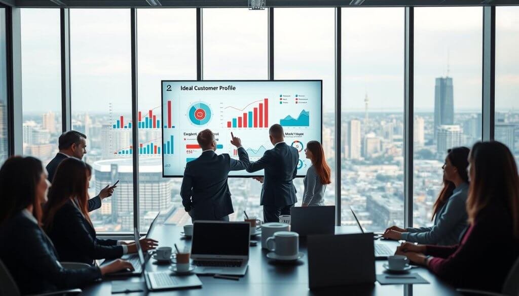 A sleek, modern office environment depicting professionals collaborating over a large digital screen filled with graphs and metrics, symbolizing the Ideal Customer Profile and Market Wedge. In the foreground, a diverse group of businesspeople in professional attire engage in discussion, pointing at target demographics and segmentation graphs on the screen. The middle layer features a stylish conference table cluttered with laptops, notepads, and coffee cups. In the background, large windows showcase a vibrant cityscape, hinting at a dynamic market. Soft, ambient lighting emphasizes a focused yet energetic atmosphere, while a slight depth of field creates a professional tone, inviting viewers into the conversation. The scene captures the essence of strategic decision-making in a technology-driven landscape. A sleek, modern office environment depicting professionals collaborating over a large digital screen filled with graphs and metrics, symbolizing the Ideal Customer Profile and Market Wedge. In the foreground, a diverse group of businesspeople in professional attire engage in discussion, pointing at target demographics and segmentation graphs on the screen. The middle layer features a stylish conference table cluttered with laptops, notepads, and coffee cups. In the background, large windows showcase a vibrant cityscape, hinting at a dynamic market. Soft, ambient lighting emphasizes a focused yet energetic atmosphere, while a slight depth of field creates a professional tone, inviting viewers into the conversation. The scene captures the essence of strategic decision-making in a technology-driven landscape.