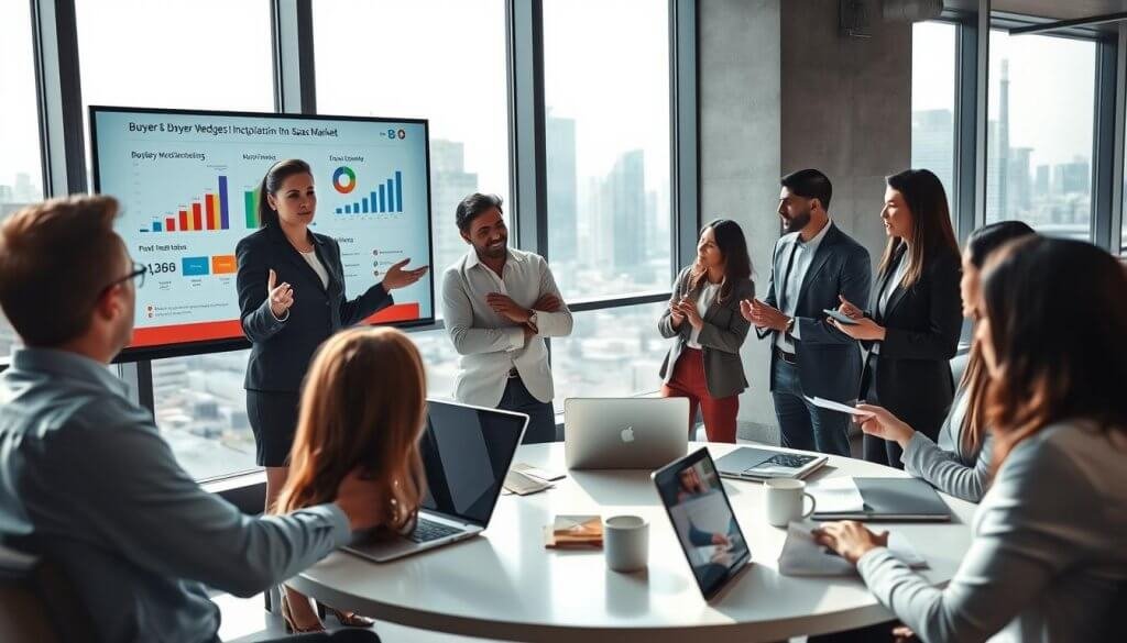 A sleek, modern office interior featuring a diverse group of professionals engaged in a collaborative brainstorming session. In the foreground, a focused businesswoman in smart casual attire is presenting colorful graphs on a digital screen, highlighting buyer wedges in the SaaS market. Peers, including a man in a neatly pressed shirt and a woman in professional attire, are attentively taking notes and discussing strategies. The middle ground shows a contemporary round table with laptops, papers, and coffee cups, emphasizing a vibrant work environment. The background features large windows letting in natural light, casting soft shadows, and a city skyline view, creating an inspiring atmosphere. The overall mood is energetic and innovative, showcasing a dynamic team in action, without any text or branding elements.