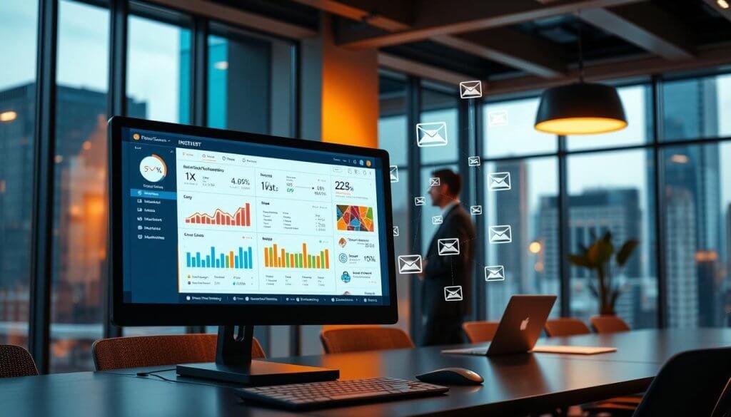 A sleek, modern office space with a focus on technology and communication, illustrating the concept of email deliverability. In the foreground, a computer screen displaying an email dashboard with performance metrics, graphs, and analytics in vivid colors. In the middle, a professional in business attire, intently analyzing data, surrounded by digital icons representing email flow and connectivity. The background features large windows with a cityscape view, allowing natural light to illuminate the room. Subtle reflections on the glass add depth, while warm ambient lighting creates a productive atmosphere. The image captures a sense of focus and innovation, conveying the importance of technical foundations in email deliverability without any text or branding.