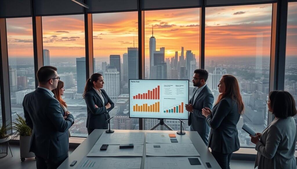 A sleek modern office space with large windows overlooking a city skyline, in the foreground a diverse group of professionals in business attire engaged in a strategy discussion around a digital display showing graphs and charts related to the vertical SaaS market. The middle ground features a collaborative workspace with whiteboards filled with diagrams and sticky notes. In the background, a bustling city with skyscrapers stands under a dramatic sunset, casting warm hues of orange and pink. The scene is lit by soft, ambient lighting highlighting the intensity and focus of the professionals, creating a mood of determination and strategic planning. The camera angle captures the team in deep discussion, emphasizing their collaborative effort.