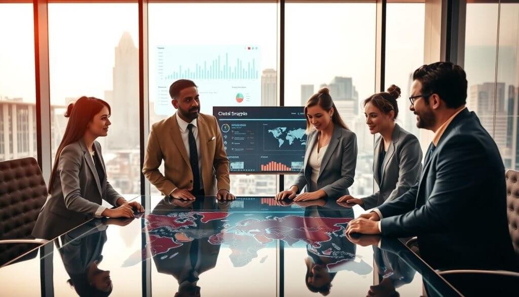 A split-screen image illustrating "Testing New Geographies Without Burning Founder Time". In the foreground, a diverse team of four professionals, dressed in business attire, discusses strategy over a digital map spread on a sleek conference table. Each member represents different geographies, showcasing their unique cultural backgrounds. The middle ground shows a large digital screen displaying graphs and analysis tools, emphasizing data-driven decision-making. In the background, a modern city skyline can be seen through expansive glass windows, hinting at the global market. The atmosphere is focused and collaborative, with soft, warm lighting illuminating the scene, creating a sense of innovation and teamwork. A wide-angle lens captures the dynamic interaction between the team members and their environment.