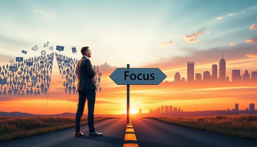 A visually compelling illustration conveying the theme of “avoiding horizontal SaaS expansion.” In the foreground, a business professional in formal attire stands at a crossroad, looking thoughtfully at two diverging paths. One path is crowded with generic SaaS icons like generic software tools and a bustling mass of indistinct silhouettes representing competition, while the other path is clear and leads toward a specific industry skyline—such as healthcare or finance—with identifiable buildings. In the middle ground, a large signpost shows the words "Focus" pointing toward the industry path, emphasizing clarity in strategy. The background features a vibrant sunset, casting warm light and creating a hopeful, determined atmosphere. Use a standard lens with soft focus on the background to highlight the professional's pensive expression and the importance of choosing the right direction. A visually compelling illustration conveying the theme of “avoiding horizontal SaaS expansion.” In the foreground, a business professional in formal attire stands at a crossroad, looking thoughtfully at two diverging paths. One path is crowded with generic SaaS icons like generic software tools and a bustling mass of indistinct silhouettes representing competition, while the other path is clear and leads toward a specific industry skyline—such as healthcare or finance—with identifiable buildings. In the middle ground, a large signpost shows the words "Focus" pointing toward the industry path, emphasizing clarity in strategy. The background features a vibrant sunset, casting warm light and creating a hopeful, determined atmosphere. Use a standard lens with soft focus on the background to highlight the professional's pensive expression and the importance of choosing the right direction.