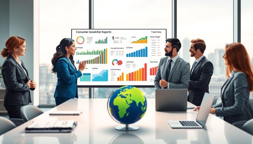 A visually engaging illustration of trade data related to consumer goods exports, set in a well-lit modern office environment. In the foreground, a diverse group of professionals in business attire, including a South Asian woman and an African man, is analyzing colorful charts and graphs on a large digital screen. The middle ground features a sleek conference table with documents, laptops, and a globe representing international markets. The background shows a large window with a city skyline, signifying global trade opportunities. The atmosphere is one of intense focus and collaboration, with soft natural lighting filtering through the window, creating an optimistic and proactive mood. Emphasize clarity and precision in the data visuals, highlighting the challenges faced in export lead generation. A visually engaging illustration of trade data related to consumer goods exports, set in a well-lit modern office environment. In the foreground, a diverse group of professionals in business attire, including a South Asian woman and an African man, is analyzing colorful charts and graphs on a large digital screen. The middle ground features a sleek conference table with documents, laptops, and a globe representing international markets. The background shows a large window with a city skyline, signifying global trade opportunities. The atmosphere is one of intense focus and collaboration, with soft natural lighting filtering through the window, creating an optimistic and proactive mood. Emphasize clarity and precision in the data visuals, highlighting the challenges faced in export lead generation.