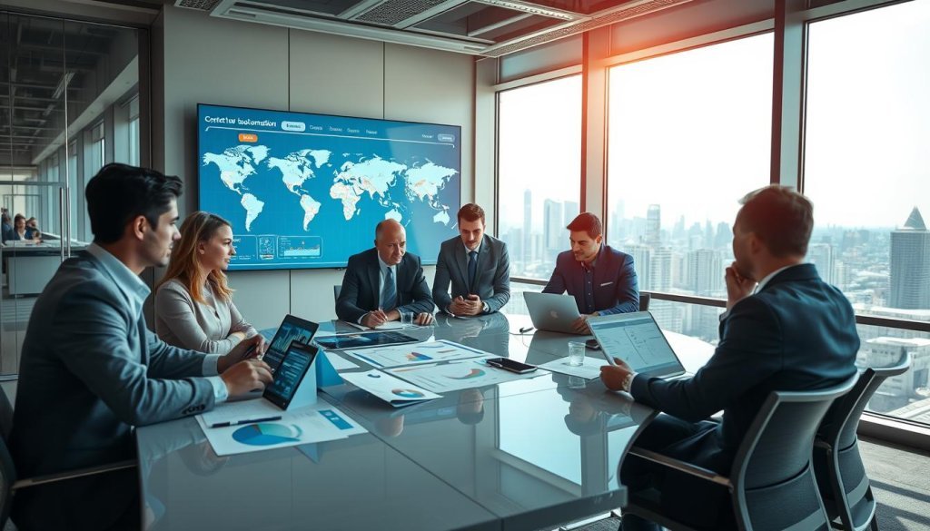 A visually engaging office environment that symbolizes "lead generation automation" for a global market. In the foreground, a diverse group of professionals in business attire collaborates at a modern conference table, analyzing charts and digital devices displaying customer data and automation tools. The middle ground features a large digital screen showcasing dynamic graphs and maps, symbolizing global reach and connectivity. In the background, floor-to-ceiling windows reveal a bustling city skyline, suggesting international markets. Bright, natural lighting spills into the space, creating an energetic and optimistic mood. The overall atmosphere reflects innovation and professionalism, emphasizing the synergy between content and automation in lead generation.