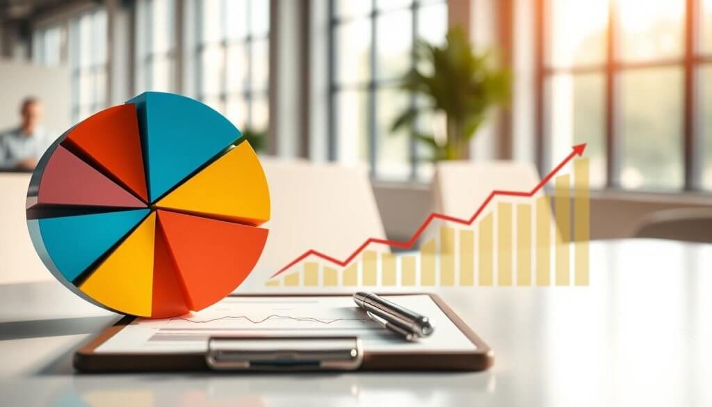 An infographic-style representation of sales metrics focused on B2B performance. In the foreground, a large pie chart illustrating various sales outcomes, segmented by percentage, with vibrant colors for clarity. Next to it, a line graph showing growth trends over time, with dynamic, upward slopes. In the middle ground, a stylized clipboard and pen, suggesting analysis and planning, placed on a clean workspace. The background features a blurred office setting with natural lighting streaming through large windows, creating an atmosphere of professionalism and focus. The overall mood is analytical and constructive, emphasizing growth and measurement in a business context. No text or branding is visible in the image. An infographic-style representation of sales metrics focused on B2B performance. In the foreground, a large pie chart illustrating various sales outcomes, segmented by percentage, with vibrant colors for clarity. Next to it, a line graph showing growth trends over time, with dynamic, upward slopes. In the middle ground, a stylized clipboard and pen, suggesting analysis and planning, placed on a clean workspace. The background features a blurred office setting with natural lighting streaming through large windows, creating an atmosphere of professionalism and focus. The overall mood is analytical and constructive, emphasizing growth and measurement in a business context. No text or branding is visible in the image.