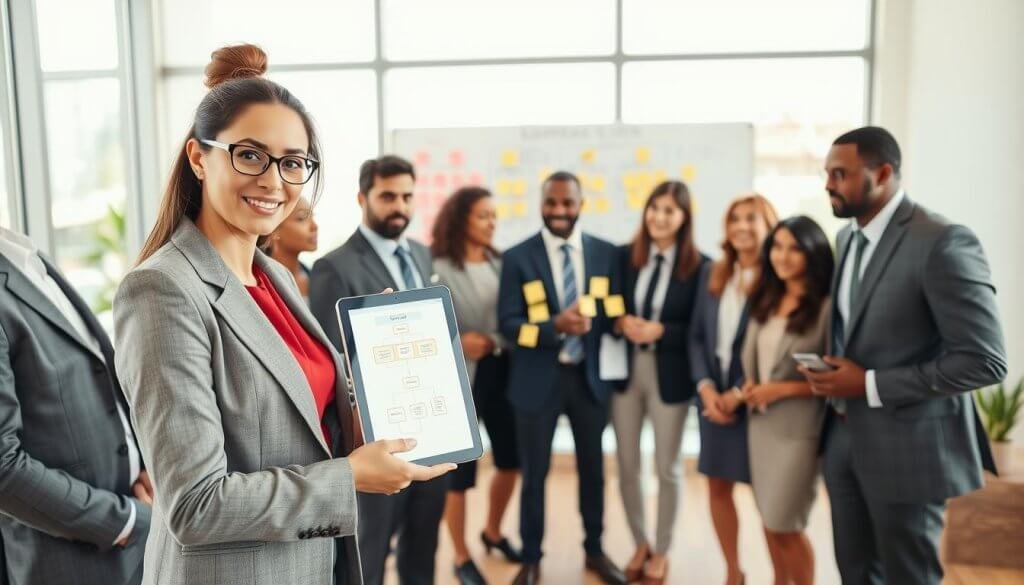 A business setting where a diverse group of professionals, dressed in smart business attire, engages in a collaborative discussion. In the foreground, a confident woman presents a sales flowchart on a digital tablet, showcasing various sales motions. The group, including men and women of different ethnicities, looks attentive and engaged. In the middle ground, a large whiteboard is filled with diagrams and post-it notes, illustrating brainstorming processes. The background features a modern, bright office with large windows letting in natural light, creating an uplifting atmosphere. The scene is well-lit, with warm tones to evoke a sense of teamwork and innovation. The camera angle is slightly elevated, capturing the dynamics of the group and their interactions. A business setting where a diverse group of professionals, dressed in smart business attire, engages in a collaborative discussion. In the foreground, a confident woman presents a sales flowchart on a digital tablet, showcasing various sales motions. The group, including men and women of different ethnicities, looks attentive and engaged. In the middle ground, a large whiteboard is filled with diagrams and post-it notes, illustrating brainstorming processes. The background features a modern, bright office with large windows letting in natural light, creating an uplifting atmosphere. The scene is well-lit, with warm tones to evoke a sense of teamwork and innovation. The camera angle is slightly elevated, capturing the dynamics of the group and their interactions.