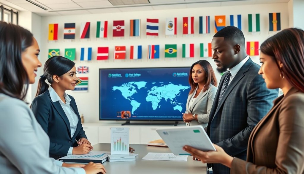 A bustling government export promotion office, featuring a diverse group of professionals in business attire engaged in meaningful discussions. In the foreground, a woman of Asian descent analyzes trade data on a tablet, while a middle-aged man of African descent points at a map of global trade routes. In the middle, a large screen displays various graphs and charts illustrating export statistics. The background showcases a wall adorned with flags representing different countries, symbolizing global connectivity. The room is well-lit with soft, natural light streaming through large windows, creating a collaborative and optimistic atmosphere. Capture this scene from a slightly elevated angle to emphasize the dynamic interaction among professionals.