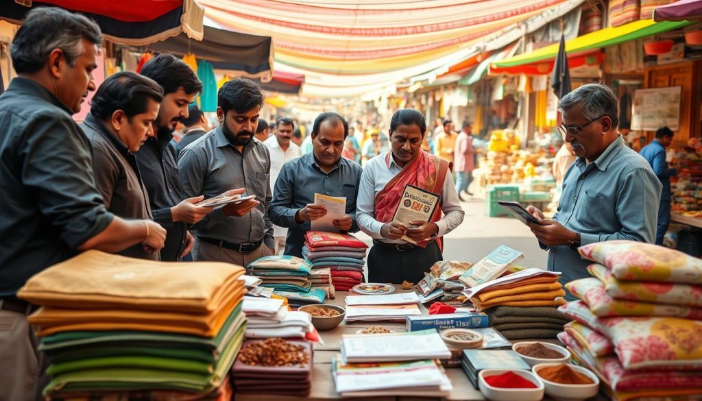 A bustling market scene focused on Indian traders analyzing various samples of buyer wedges and market offers. In the foreground, a group of diverse professionals in business attire, including men and women, are engaged in a discussion, examining agricultural produce, textiles, and spices laid out on a rustic table. The middle ground features stacks of goods and promotional materials, showcasing the dynamism of the trade. In the background, a market setting with colorful tents and stalls filled with vibrant goods and bustling buyers, indicating a lively trading atmosphere. The image is bathed in warm, natural light, with a slight depth of field effect to emphasize the traders in action. The mood conveys collaboration, negotiation, and opportunity in global trade.
