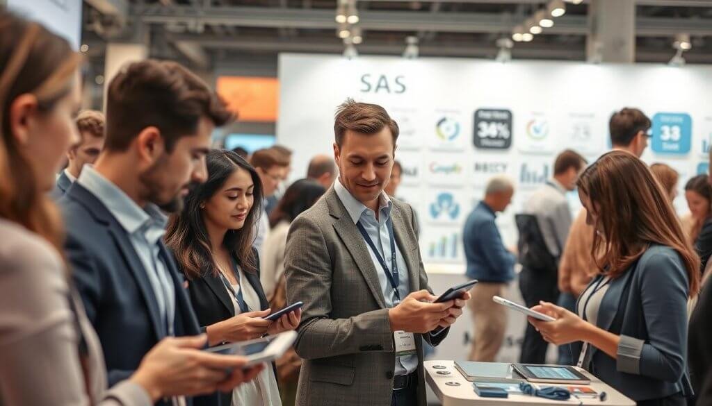 A bustling sales market scene featuring a diverse group of customers actively engaging with sales representatives. In the foreground, a male and female sales team member in professional attire discuss product features with potential buyers. The middle ground shows a variety of customers, some examining products while others interact with digital devices. In the background, a modern, well-lit sales booth displays various SaaS offerings, highlighting technology and innovation. Soft natural lighting creates an inviting atmosphere, while a shallow depth of field focuses attention on the interaction at hand. The overall mood conveys excitement and energy, emphasizing the importance of direct engagement in a sales environment. A bustling sales market scene featuring a diverse group of customers actively engaging with sales representatives. In the foreground, a male and female sales team member in professional attire discuss product features with potential buyers. The middle ground shows a variety of customers, some examining products while others interact with digital devices. In the background, a modern, well-lit sales booth displays various SaaS offerings, highlighting technology and innovation. Soft natural lighting creates an inviting atmosphere, while a shallow depth of field focuses attention on the interaction at hand. The overall mood conveys excitement and energy, emphasizing the importance of direct engagement in a sales environment.