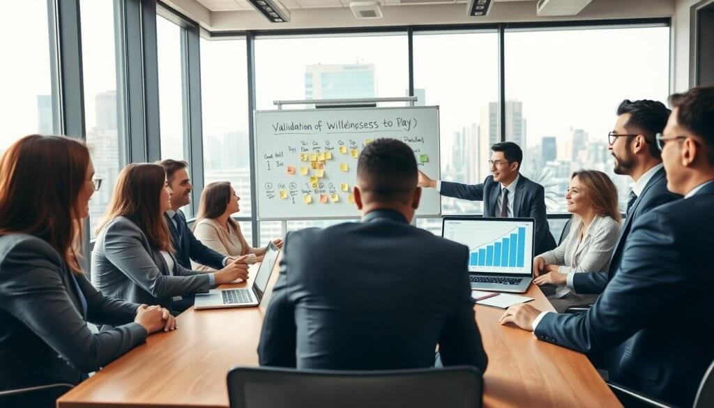 A busy, modern office environment with a professional atmosphere. In the foreground, a diverse group of business people, dressed in smart business attire, sit around a sleek conference table, engaged in a lively discussion. One person is pointing at a laptop screen displaying a market research chart, symbolizing validation of willingness to pay. In the middle, a whiteboard filled with brainstorming notes and sticky notes, showcasing problem-solution fit ideas. The background features large windows with a city skyline view, filled with natural light that creates a vibrant, optimistic mood. The angle is from a slightly elevated perspective, focusing on the dynamic interaction at the table. The color palette is warm and inviting, suggesting collaboration and innovation. A busy, modern office environment with a professional atmosphere. In the foreground, a diverse group of business people, dressed in smart business attire, sit around a sleek conference table, engaged in a lively discussion. One person is pointing at a laptop screen displaying a market research chart, symbolizing validation of willingness to pay. In the middle, a whiteboard filled with brainstorming notes and sticky notes, showcasing problem-solution fit ideas. The background features large windows with a city skyline view, filled with natural light that creates a vibrant, optimistic mood. The angle is from a slightly elevated perspective, focusing on the dynamic interaction at the table. The color palette is warm and inviting, suggesting collaboration and innovation.