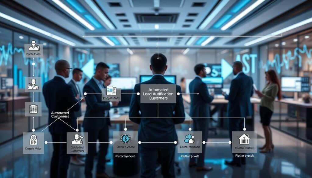 A detailed, visually engaging schema illustrating the process of automated lead qualification. In the foreground, a stylized flowchart with nodes and connections, featuring icons representing potential customers, qualification criteria, and automated systems. The middle ground showcases a sleek, modern office environment, with a diverse group of professionals in business attire, collaborating over digital devices, analyzing data visually on screens. The background emphasizes a bright, tech-inspired atmosphere, with soft blue lighting and abstract patterns suggesting digital transformation. Capture the scene from a dynamic angle, slightly elevated, to provide depth and focus on the interconnected processes. Aim for a professional, optimistic mood that conveys efficiency and innovation. No text, watermarks, or other overlays in the image. A detailed, visually engaging schema illustrating the process of automated lead qualification. In the foreground, a stylized flowchart with nodes and connections, featuring icons representing potential customers, qualification criteria, and automated systems. The middle ground showcases a sleek, modern office environment, with a diverse group of professionals in business attire, collaborating over digital devices, analyzing data visually on screens. The background emphasizes a bright, tech-inspired atmosphere, with soft blue lighting and abstract patterns suggesting digital transformation. Capture the scene from a dynamic angle, slightly elevated, to provide depth and focus on the interconnected processes. Aim for a professional, optimistic mood that conveys efficiency and innovation. No text, watermarks, or other overlays in the image.