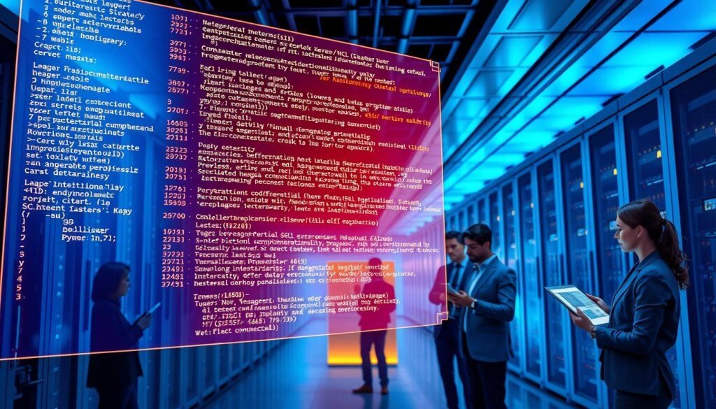 A detailed, visually striking illustration of a SQL query being executed in a sleek, modern data center environment. In the foreground, a large, translucent screen displays an intricate SQL query code in vibrant, glowing colors, with syntax highlighting for keywords. The middle ground features professional business analysts, focused and engaged, dressed in smart attire, observing the screen while interacting with data visualizations on tablets and laptops. The background showcases rows of advanced server racks with blinking lights and a high-tech ambiance, illuminated by soft, cool blue lighting that enhances a sense of innovation and collaboration. The atmosphere is dynamic and focused, embodying the essence of a tech-savvy workspace centered on SQL generation and data analysis. A detailed, visually striking illustration of a SQL query being executed in a sleek, modern data center environment. In the foreground, a large, translucent screen displays an intricate SQL query code in vibrant, glowing colors, with syntax highlighting for keywords. The middle ground features professional business analysts, focused and engaged, dressed in smart attire, observing the screen while interacting with data visualizations on tablets and laptops. The background showcases rows of advanced server racks with blinking lights and a high-tech ambiance, illuminated by soft, cool blue lighting that enhances a sense of innovation and collaboration. The atmosphere is dynamic and focused, embodying the essence of a tech-savvy workspace centered on SQL generation and data analysis.
