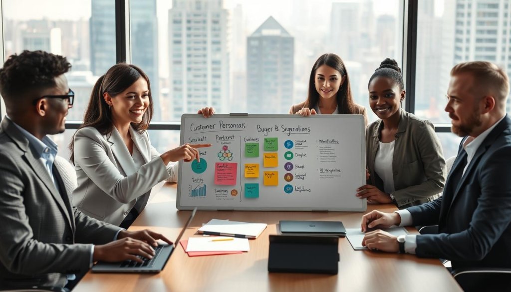 A diverse group of five professional businesspeople engaged in a strategic planning session, sitting around a modern conference table. In the foreground, a well-dressed woman is pointing at a digital whiteboard displaying customer personas and market segmentation charts, symbolizing data analysis. The middle layer features a whiteboard filled with colorful sticky notes representing different buyer personas and their traits, alongside tools like laptops and tablets. In the background, a large window reveals a bustling cityscape, reflecting a thriving business environment. Natural daylight floods the room, casting soft shadows, enhancing a focused and collaborative atmosphere. The composition captures a sense of urgency and determination, ideal for illustrating the concept of defining an ideal customer profile in B2B outreach. A diverse group of five professional businesspeople engaged in a strategic planning session, sitting around a modern conference table. In the foreground, a well-dressed woman is pointing at a digital whiteboard displaying customer personas and market segmentation charts, symbolizing data analysis. The middle layer features a whiteboard filled with colorful sticky notes representing different buyer personas and their traits, alongside tools like laptops and tablets. In the background, a large window reveals a bustling cityscape, reflecting a thriving business environment. Natural daylight floods the room, casting soft shadows, enhancing a focused and collaborative atmosphere. The composition captures a sense of urgency and determination, ideal for illustrating the concept of defining an ideal customer profile in B2B outreach.