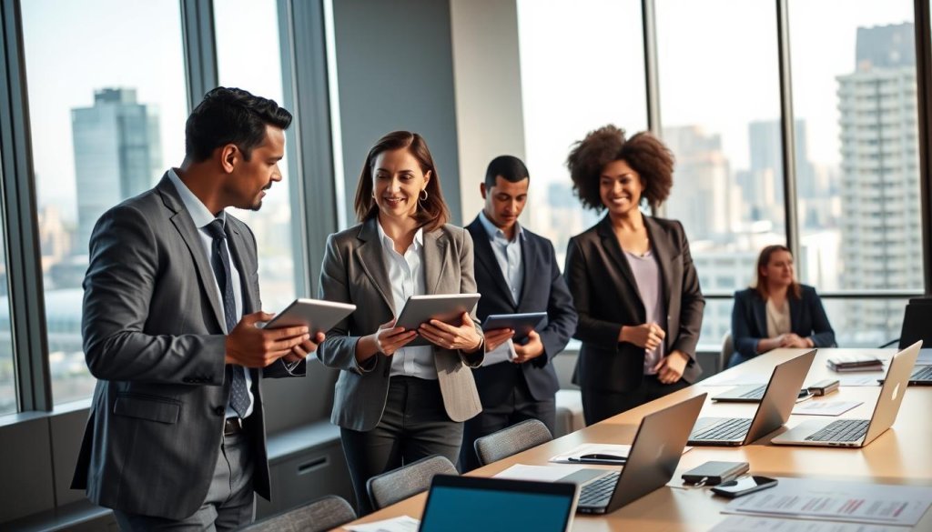 A diverse group of international buyers engaged in a professional meeting, representing various ethnicities. In the foreground, three buyers are engaged in a thoughtful discussion, one man in a tailored suit, a woman wearing a smart blazer, and another woman in modest business attire, all holding tablets or documents. In the middle ground, a large conference table filled with materials and laptops, indicating a collaborative atmosphere. The background features a modern office setting with large windows showcasing a cityscape, allowing natural light to spill into the room, creating a warm and inviting ambiance. The image captures a mood of trust and professionalism, symbolizing strong global business relationships.