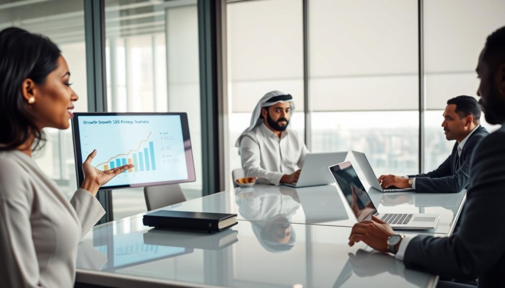 A diverse group of professionals in business attire engaged in a collaborative meeting around a sleek conference table. In the foreground, a confident South Asian woman is presenting a growth strategy on a digital display; her expression is focused and enthusiastic. In the middle ground, two men, one of Middle-Eastern descent and the other of African descent, are discussing data on laptops, indicating a dynamic exchange of ideas. The background features a modern office with large windows allowing soft, natural light to filter in, creating a bright and inviting atmosphere. The overall mood conveys ambition, teamwork, and innovation, reflecting the role of outbound growth partners in driving success in the tech industry. The image should be well-lit, captured using a wide-angle lens, emphasizing both collaboration and professionalism, with no text overlay or logos present. A diverse group of professionals in business attire engaged in a collaborative meeting around a sleek conference table. In the foreground, a confident South Asian woman is presenting a growth strategy on a digital display; her expression is focused and enthusiastic. In the middle ground, two men, one of Middle-Eastern descent and the other of African descent, are discussing data on laptops, indicating a dynamic exchange of ideas. The background features a modern office with large windows allowing soft, natural light to filter in, creating a bright and inviting atmosphere. The overall mood conveys ambition, teamwork, and innovation, reflecting the role of outbound growth partners in driving success in the tech industry. The image should be well-lit, captured using a wide-angle lens, emphasizing both collaboration and professionalism, with no text overlay or logos present.