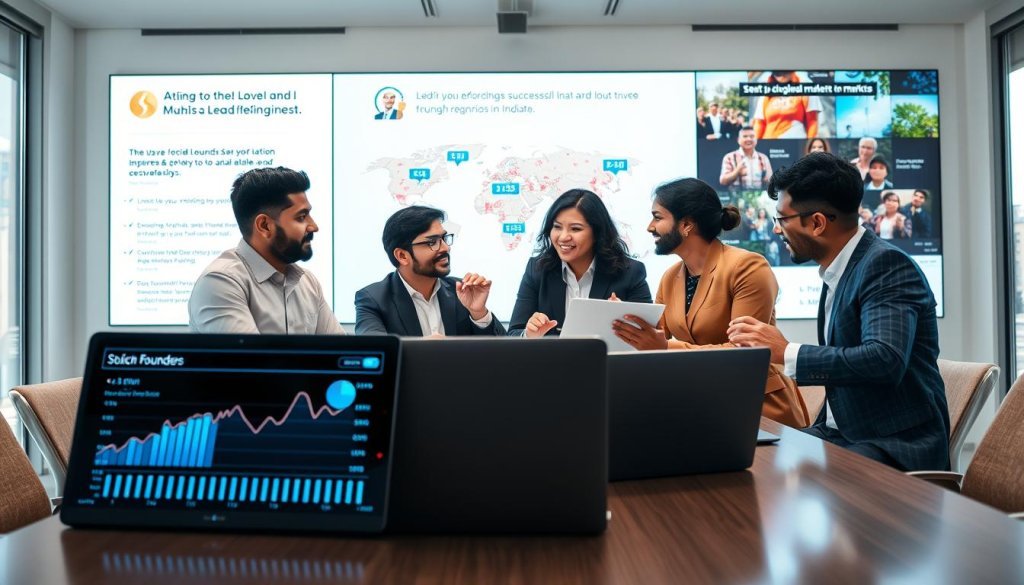 A diverse group of professionals, including Indian founders, engaged in a dynamic discussion around a modern conference table, showcasing case studies in high-tech presentations. In the foreground, a laptop displays impressive graphs and social proof metrics. The middle ground features three individuals in professional business attire, exchanging ideas with enthusiasm, gesturing towards the data. In the background, a large screen highlights successful client testimonials and vibrant visuals of global markets, symbolizing trust and growth. The scene is brightly lit with natural light streaming through large windows, creating an inviting and collaborative atmosphere. The composition captures the excitement of building trust through social proof in lead generation, emphasizing professionalism and innovation.