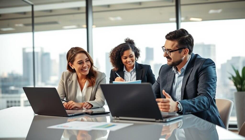 A diverse group of three professionals in a modern office setting, engaging in a dynamic brainstorming session. In the foreground, a woman in a smart blazer and a man in a tailored suit are animatedly discussing ideas with laptops open on a sleek conference table. A second woman, dressed in business casual attire, is thoughtfully taking notes in the middle ground, surrounded by charts and product mockups. The background features a large window with city views and soft natural light streaming in, creating an inspiring atmosphere. The lens is set to provide a slight depth of field, focusing on the engaged faces while softly blurring the innovative workspace around them, conveying a sense of collaboration and energy. A diverse group of three professionals in a modern office setting, engaging in a dynamic brainstorming session. In the foreground, a woman in a smart blazer and a man in a tailored suit are animatedly discussing ideas with laptops open on a sleek conference table. A second woman, dressed in business casual attire, is thoughtfully taking notes in the middle ground, surrounded by charts and product mockups. The background features a large window with city views and soft natural light streaming in, creating an inspiring atmosphere. The lens is set to provide a slight depth of field, focusing on the engaged faces while softly blurring the innovative workspace around them, conveying a sense of collaboration and energy.