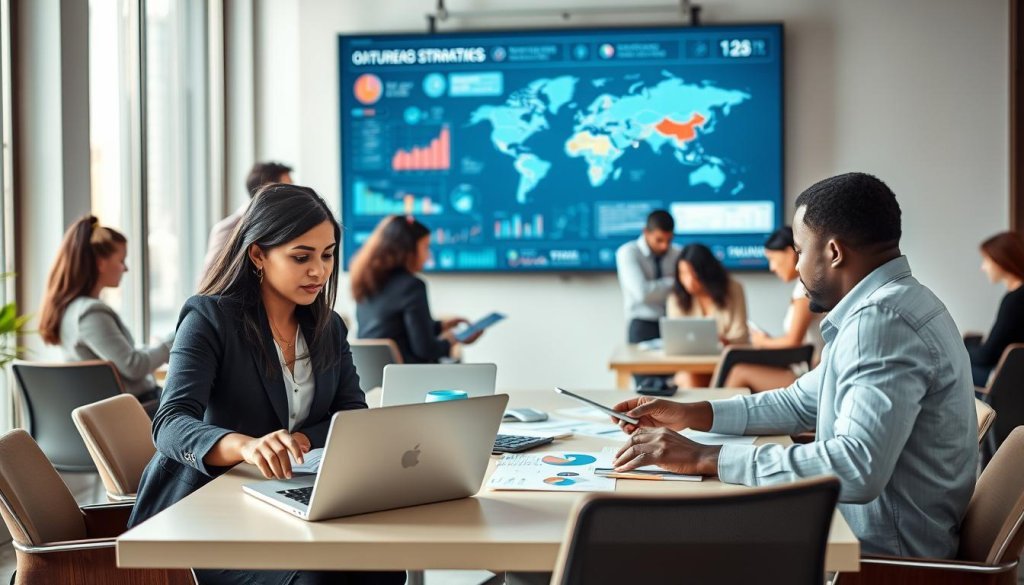 A diverse team of data-driven outreach buyers in a modern office setting. In the foreground, two professionals, one South Asian female and one African male, are intensely discussing strategies while analyzing data on a laptop and a tablet. They are dressed in smart business attire. The middle ground features a large screen displaying infographics, charts, and maps indicating global market trends and outreach strategies. In the background, other team members are collaborating around a conference table with digital devices. Soft, natural lighting filters in through large windows, casting a warm glow over the space. The mood is focused and collaborative, emphasizing innovation and strategy in international trade.