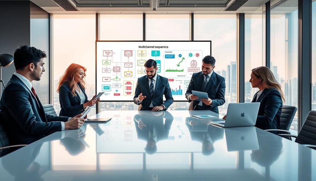 A dynamic and engaging office environment depicting the concept of multichannel sequencing in outbound sales. In the foreground, a diverse group of three professionals in business attire are actively collaborating around a sleek, modern table, analyzing data on tablets and laptops. The middle ground features a large digital whiteboard displaying colorful flowcharts and diagrams illustrating various sales channels like email, social media, and phone calls. The background showcases a panoramic view of a contemporary city skyline through large windows, with natural lighting streaming in, creating a motivating atmosphere. The overall mood is vibrant and focused, emphasizing productivity and strategic planning within a high-tech workspace, captured from a slightly elevated angle to provide depth. A dynamic and engaging office environment depicting the concept of multichannel sequencing in outbound sales. In the foreground, a diverse group of three professionals in business attire are actively collaborating around a sleek, modern table, analyzing data on tablets and laptops. The middle ground features a large digital whiteboard displaying colorful flowcharts and diagrams illustrating various sales channels like email, social media, and phone calls. The background showcases a panoramic view of a contemporary city skyline through large windows, with natural lighting streaming in, creating a motivating atmosphere. The overall mood is vibrant and focused, emphasizing productivity and strategic planning within a high-tech workspace, captured from a slightly elevated angle to provide depth.