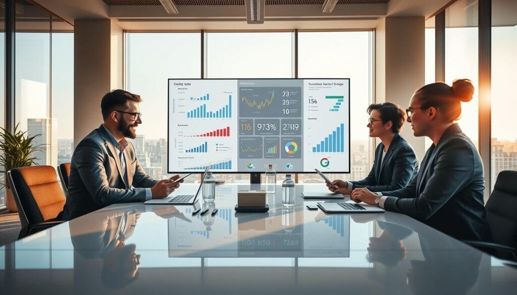 A dynamic and engaging scene illustrating outbound sales strategy in a modern office environment. In the foreground, a diverse team of three professional individuals dressed in business attire, collaborating around a sleek conference table, analyzing charts and data on digital devices. In the middle ground, a large screen displays visual analytics and graphs highlighting sales metrics and strategies. The background features large windows with a city skyline view, bathed in warm, natural light, creating an inviting atmosphere. The lighting is bright yet soft, suggesting a productive and optimistic mood. The use of a wide-angle perspective emphasizes the teamwork and focus on strategy, while ensuring the scene remains professional and collaborative without any text or distractions. A dynamic and engaging scene illustrating outbound sales strategy in a modern office environment. In the foreground, a diverse team of three professional individuals dressed in business attire, collaborating around a sleek conference table, analyzing charts and data on digital devices. In the middle ground, a large screen displays visual analytics and graphs highlighting sales metrics and strategies. The background features large windows with a city skyline view, bathed in warm, natural light, creating an inviting atmosphere. The lighting is bright yet soft, suggesting a productive and optimistic mood. The use of a wide-angle perspective emphasizes the teamwork and focus on strategy, while ensuring the scene remains professional and collaborative without any text or distractions.