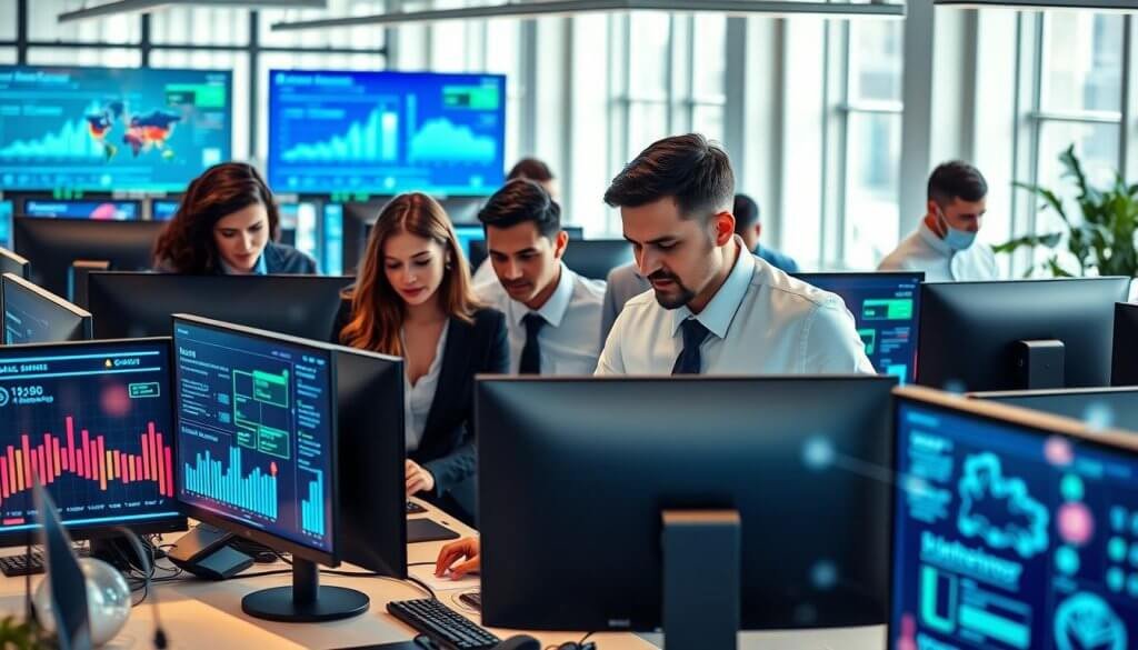 A dynamic and modern office space serves as the backdrop, featuring sleek desks with multiple monitors displaying colorful visualizations of sales data and CRM integration interfaces. In the foreground, a diverse team of professionals in business attire focuses intently on their screens, collaborating over digital tools powered by AI, such as chatbots and predictive analytics software. The lighting is bright and energetic, with soft natural light streaming through large windows, creating a welcoming atmosphere. Visual elements like floating data points and interconnected digital networks subtly emphasize the integration of AI technologies within the sales stack. Capture the scene from a slightly elevated angle to enhance the sense of teamwork and technological innovation, evoking a mood of productivity and forward-thinking.
