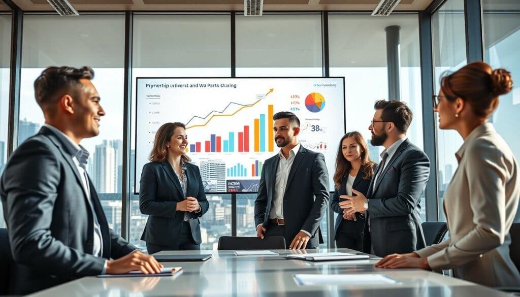 A dynamic business meeting in a modern conference room showcasing collaboration for growth and risk sharing. In the foreground, a diverse group of three professionals—two men and one woman—are engaged in a discussion, all dressed in sharp business attire. The middle ground features a large digital screen displaying growth charts and partnership visuals, symbolizing shared success. The background is filled with large windows, revealing a city skyline that conveys a sense of ambition and opportunity. The lighting is bright and natural, enhancing the focus on the central group while casting soft shadows. The atmosphere is optimistic and collaborative, emphasizing the importance of teamwork and shared goals in a rapidly evolving business landscape. A dynamic business meeting in a modern conference room showcasing collaboration for growth and risk sharing. In the foreground, a diverse group of three professionals—two men and one woman—are engaged in a discussion, all dressed in sharp business attire. The middle ground features a large digital screen displaying growth charts and partnership visuals, symbolizing shared success. The background is filled with large windows, revealing a city skyline that conveys a sense of ambition and opportunity. The lighting is bright and natural, enhancing the focus on the central group while casting soft shadows. The atmosphere is optimistic and collaborative, emphasizing the importance of teamwork and shared goals in a rapidly evolving business landscape.
