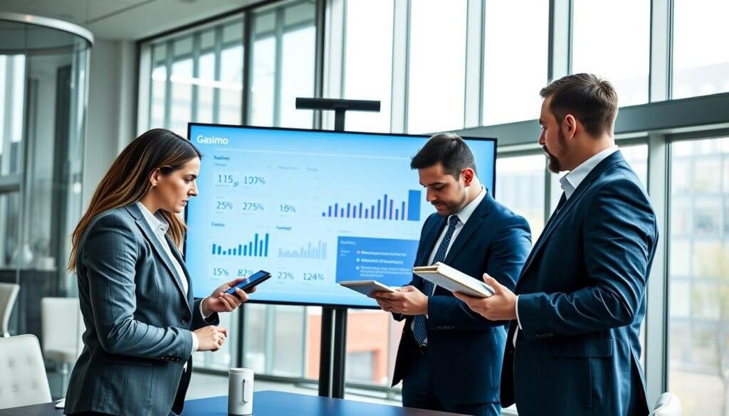 A dynamic business meeting scene showcasing professionals engaging in lead generation strategies using Gasimo. In the foreground, a diverse group of four individuals, dressed in smart business attire, are intensely discussing and analyzing data on digital devices. The middle layer features a large screen displaying analytics and graphs related to SaaS lead generation, illuminated in a soft blue light. The background showcases a sleek modern office space with large windows, allowing natural light to flood in, creating a bright and inspiring atmosphere. The mood is focused yet innovative, emphasizing teamwork and technology-driven growth strategies. The composition captures a sense of collaboration and forward-thinking essential for successful outbound growth. A dynamic business meeting scene showcasing professionals engaging in lead generation strategies using Gasimo. In the foreground, a diverse group of four individuals, dressed in smart business attire, are intensely discussing and analyzing data on digital devices. The middle layer features a large screen displaying analytics and graphs related to SaaS lead generation, illuminated in a soft blue light. The background showcases a sleek modern office space with large windows, allowing natural light to flood in, creating a bright and inspiring atmosphere. The mood is focused yet innovative, emphasizing teamwork and technology-driven growth strategies. The composition captures a sense of collaboration and forward-thinking essential for successful outbound growth.