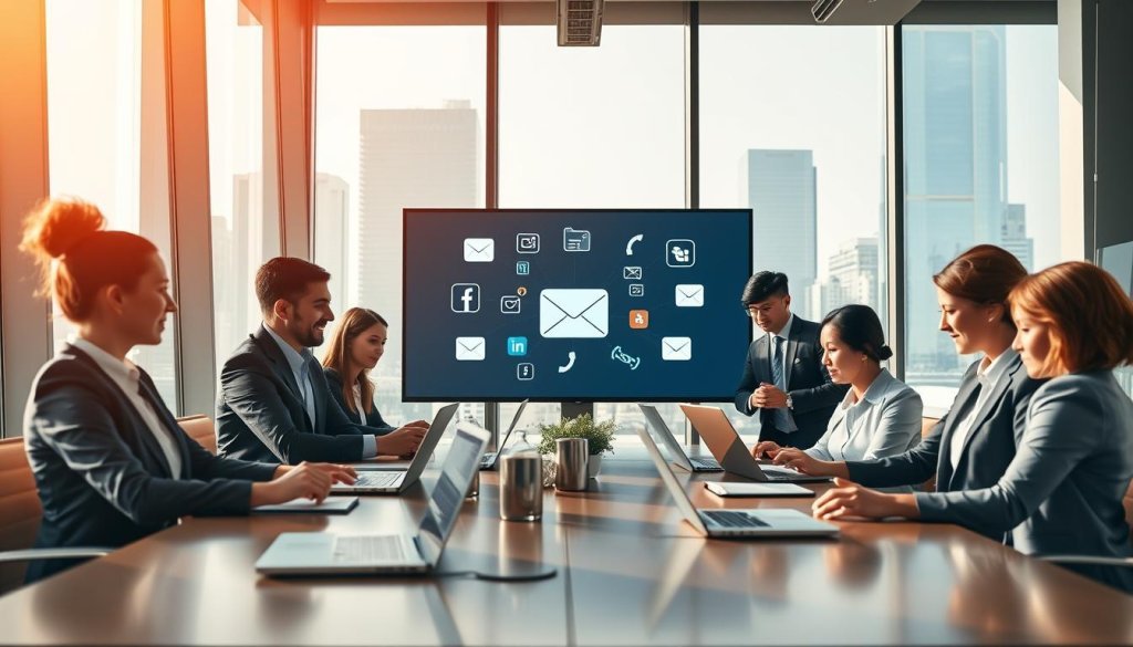 A dynamic business scene illustrating multi-channel engagement strategies for B2B outreach. In the foreground, a diverse group of professionals in smart business attire is gathered around a conference table, collaborating on digital devices like laptops and tablets. In the middle ground, a large screen displays various digital channels, such as social media icons and email symbols, symbolizing engagement methods. The background features a modern office setting with city views through large windows, bathed in warm, natural lighting that creates an inviting atmosphere. The angle is slightly low, emphasizing teamwork and innovation. The mood is focused and energetic, reflecting the importance of leveraging diverse strategies for effective outreach. A dynamic business scene illustrating multi-channel engagement strategies for B2B outreach. In the foreground, a diverse group of professionals in smart business attire is gathered around a conference table, collaborating on digital devices like laptops and tablets. In the middle ground, a large screen displays various digital channels, such as social media icons and email symbols, symbolizing engagement methods. The background features a modern office setting with city views through large windows, bathed in warm, natural lighting that creates an inviting atmosphere. The angle is slightly low, emphasizing teamwork and innovation. The mood is focused and energetic, reflecting the importance of leveraging diverse strategies for effective outreach.