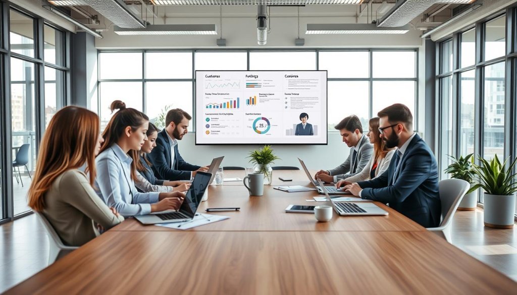 A dynamic office environment conveying the concept of identifying an ideal customer profile. In the foreground, a diverse group of professional individuals, dressed in business attire, engage around a conference table, analyzing charts and data on laptops. The middle ground features a large screen displaying infographics and customer personas, highlighting key attributes and workflows. In the background, large windows allow natural light to flood the space, creating a bright and inviting atmosphere. A few potted plants add a touch of greenery. The scene should capture a collaborative and focused mood, emphasizing teamwork and strategy in a modern corporate setting, with a wide-angle lens to enhance depth. A dynamic office environment conveying the concept of identifying an ideal customer profile. In the foreground, a diverse group of professional individuals, dressed in business attire, engage around a conference table, analyzing charts and data on laptops. The middle ground features a large screen displaying infographics and customer personas, highlighting key attributes and workflows. In the background, large windows allow natural light to flood the space, creating a bright and inviting atmosphere. A few potted plants add a touch of greenery. The scene should capture a collaborative and focused mood, emphasizing teamwork and strategy in a modern corporate setting, with a wide-angle lens to enhance depth.