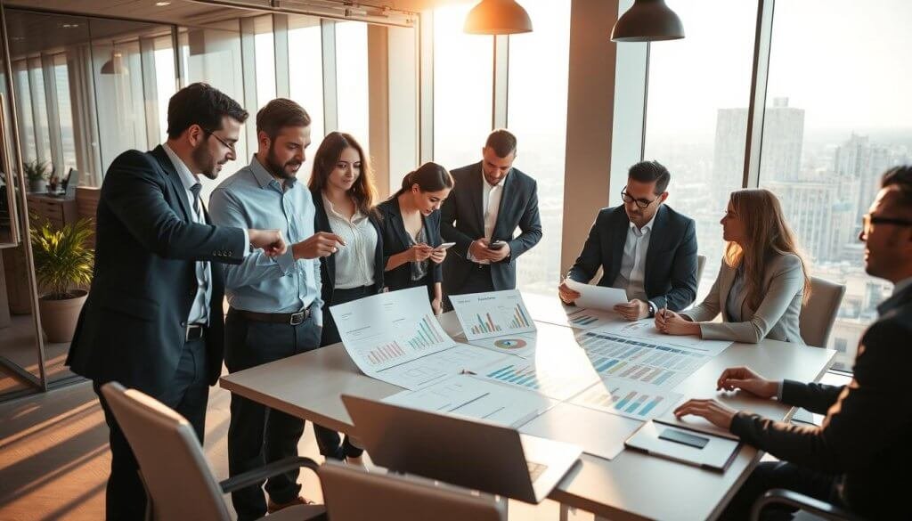 A dynamic office environment showcasing a diverse group of professionals working together to scale a sales team. In the foreground, three team members in professional business attire engage in a brainstorming session, one pointing at a laptop screen, while another takes notes. In the middle ground, additional team members collaborate at a large conference table, surrounded by charts and documents reflecting sales strategies. The background features glass walls with a cityscape view, sunlight filtering through, creating an inspiring atmosphere. Use warm lighting to convey energy and motivation, with a wide-angle perspective to capture the collaborative spirit of the scene. The overall mood is focused and forward-thinking, emphasizing teamwork and growth in a tech-driven sales context. A dynamic office environment showcasing a diverse group of professionals working together to scale a sales team. In the foreground, three team members in professional business attire engage in a brainstorming session, one pointing at a laptop screen, while another takes notes. In the middle ground, additional team members collaborate at a large conference table, surrounded by charts and documents reflecting sales strategies. The background features glass walls with a cityscape view, sunlight filtering through, creating an inspiring atmosphere. Use warm lighting to convey energy and motivation, with a wide-angle perspective to capture the collaborative spirit of the scene. The overall mood is focused and forward-thinking, emphasizing teamwork and growth in a tech-driven sales context.