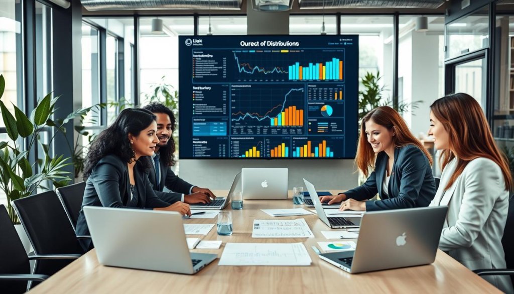 A dynamic office environment showcasing an AI SaaS sales team engaged in outreach to distributors. In the foreground, a diverse group of three professionals—one South Asian woman, one Black man, and one Caucasian woman—are collaborating around a large conference table covered with laptops and documents, all dressed in smart business attire. In the middle background, a digital display screen shows analytics and sales metrics related to inventory and operations. The background features modern office decor with plants and glass walls, hinting at a bustling atmosphere. Natural light streams in through large windows, creating a productive ambiance. The overall mood is focused and energetic, emphasizing teamwork and innovation in sales strategies.