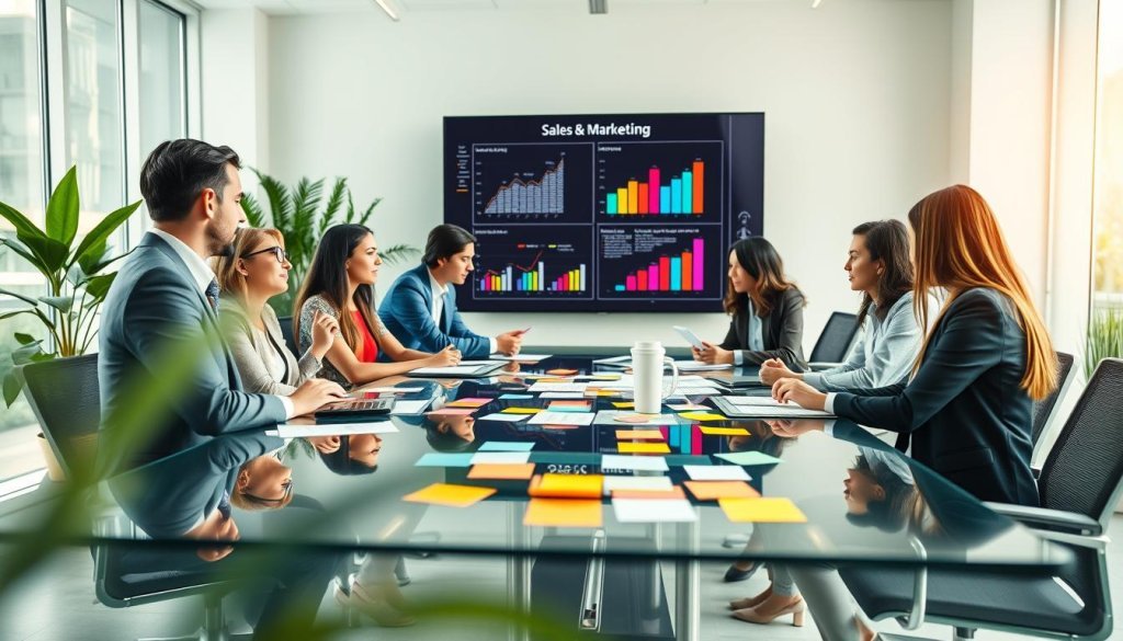 A dynamic office environment showcasing the collaboration between sales and marketing teams. In the foreground, a diverse group of professionals in smart business attire engage in a brainstorming session around a modern glass conference table, with colorful sticky notes and digital devices. In the middle ground, a large screen displays strategic charts and graphs related to lead generation. The background features a bright, airy office space with green plants and soft natural light streaming in through large windows, creating an inspiring atmosphere. The scene captures a sense of teamwork and synergy, highlighting the importance of aligning sales and marketing efforts for success. The perspective is slightly angled to create depth, emphasizing interaction among team members. A dynamic office environment showcasing the collaboration between sales and marketing teams. In the foreground, a diverse group of professionals in smart business attire engage in a brainstorming session around a modern glass conference table, with colorful sticky notes and digital devices. In the middle ground, a large screen displays strategic charts and graphs related to lead generation. The background features a bright, airy office space with green plants and soft natural light streaming in through large windows, creating an inspiring atmosphere. The scene captures a sense of teamwork and synergy, highlighting the importance of aligning sales and marketing efforts for success. The perspective is slightly angled to create depth, emphasizing interaction among team members.