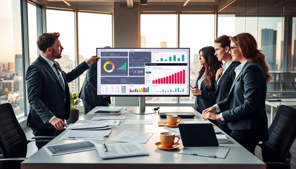 A dynamic office environment showcasing the concept of "lead list quality" in commodity trading. In the foreground, a diverse group of three professionals, dressed in smart business attire, examines a high-tech digital screen displaying colorful charts and analytics related to lead quality. In the middle ground, a modern conference table is cluttered with documents, tablets, and coffee cups, signifying intense collaboration. The background features floor-to-ceiling windows with a city skyline, bathed in warm afternoon light, creating an inspiring atmosphere. Use a slightly angled perspective to emphasize depth, with soft, focused lighting that highlights the professionals’ engaged expressions and the urgency of their task, reflecting a mood of determination and strategic thinking.