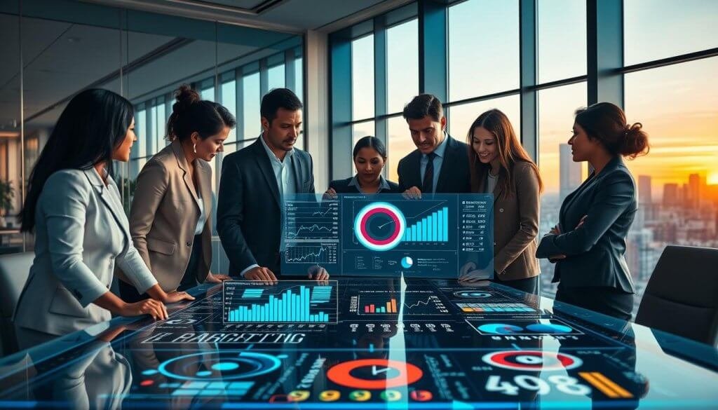 A dynamic office environment with a diverse group of professionals collaborating over a digital conference table. In the foreground, a multi-ethnic team of businesspeople, dressed in smart business attire, are engaged in intense discussion while analyzing a vibrant digital display showcasing deep targeting data visuals: layered graphs, demographics, and targeting metrics. The middle ground features a sleek workstation with modern technology, including multiple screens displaying analytics in a holographic format. The background shows a cityscape through large glass windows, bathed in the warm glow of sunset lighting, creating an atmosphere of innovation and forward-thinking. The image should evoke a sense of collaboration, insight, and advanced analytics, with a focus on the digital data being utilized for strategic decision-making. A dynamic office environment with a diverse group of professionals collaborating over a digital conference table. In the foreground, a multi-ethnic team of businesspeople, dressed in smart business attire, are engaged in intense discussion while analyzing a vibrant digital display showcasing deep targeting data visuals: layered graphs, demographics, and targeting metrics. The middle ground features a sleek workstation with modern technology, including multiple screens displaying analytics in a holographic format. The background shows a cityscape through large glass windows, bathed in the warm glow of sunset lighting, creating an atmosphere of innovation and forward-thinking. The image should evoke a sense of collaboration, insight, and advanced analytics, with a focus on the digital data being utilized for strategic decision-making.